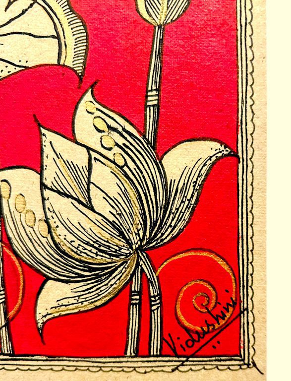Golden Lotus on Crimson Madhubani 2