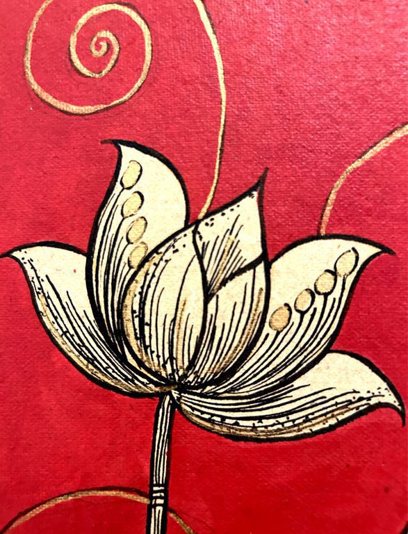 Golden Lotus on Crimson Madhubani 3