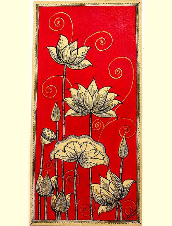 Golden Lotus on Crimson Madhubani