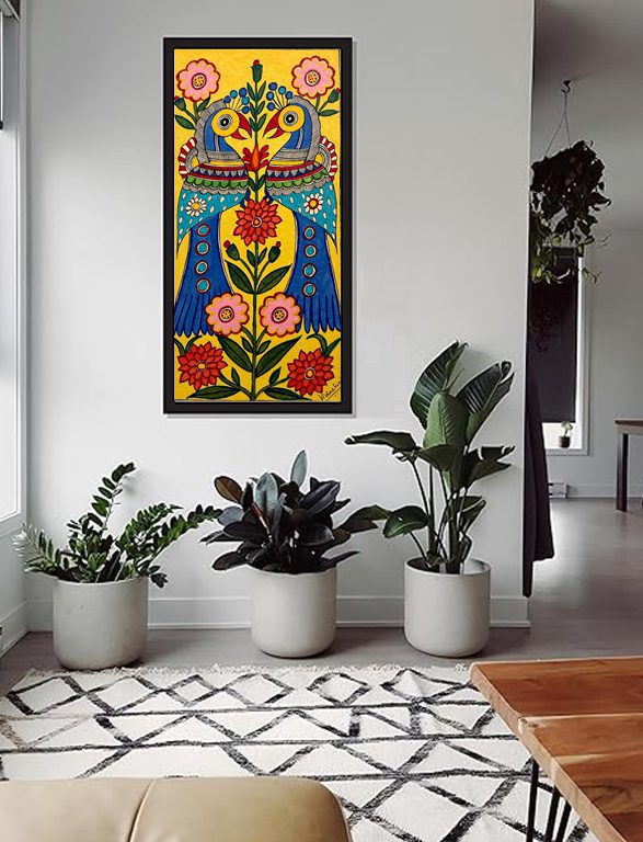 Twin Birds with Flowering Stem on Wall