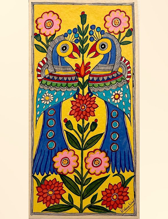 Twin Birds with Flowering Stem