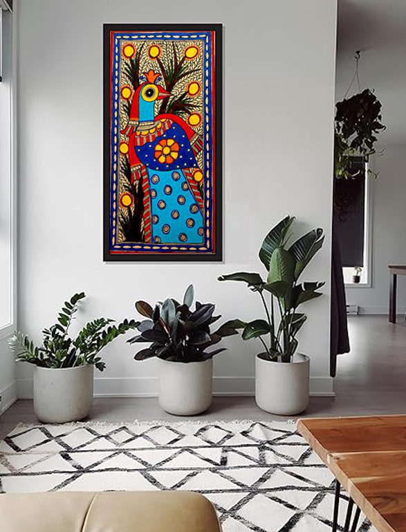 Vibrant Peacock Madhubani Painting on Wall