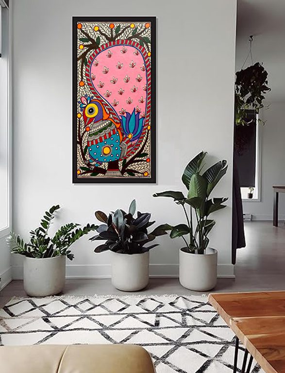 Vibrant Peacock with Flowering Tree on Wall