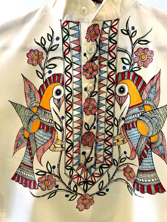 Cream Khadi Kurta with Twin Bird Madhubani Motif 2