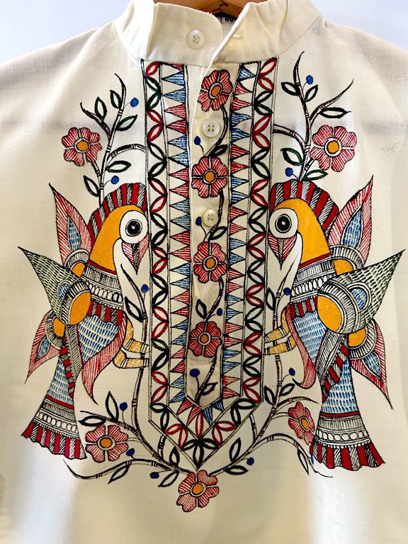 Cream Khadi Kurta with Twin Bird Madhubani Motif 5