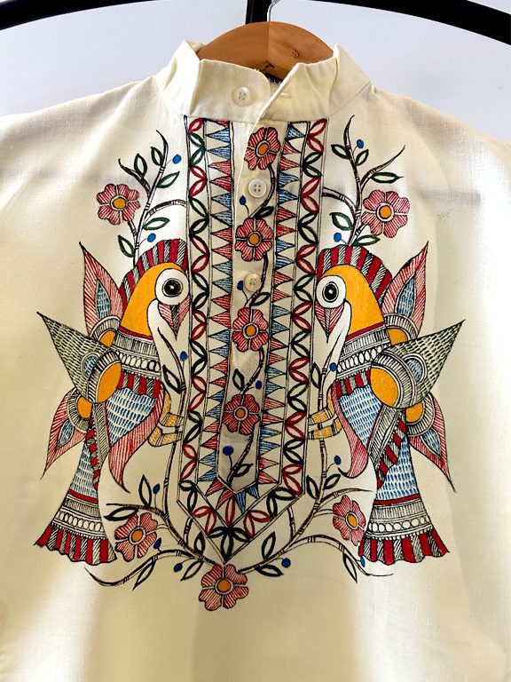 Cream Khadi Kurta with Twin Bird Madhubani Motif 7