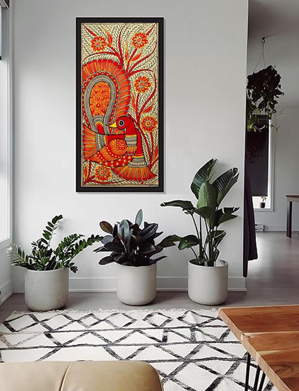 Crimson Peacock Madhubani on Wall