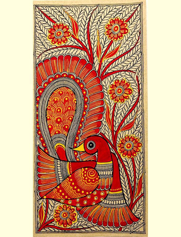 Crimson Peacock Madhubani