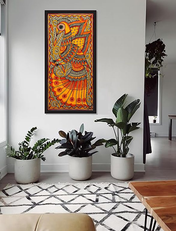 Golden Yellow Peacock Madhubani on Wall