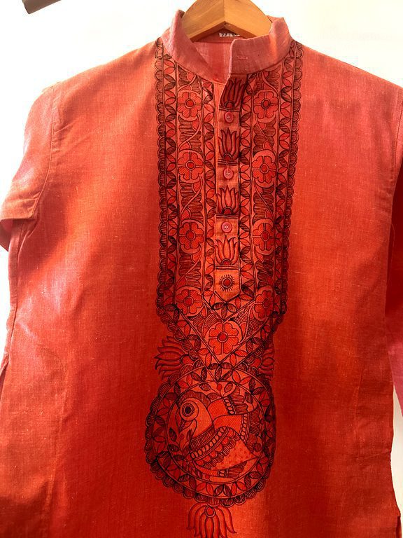Light Red Hand-Painted Madhubani Khadi Kurta 2