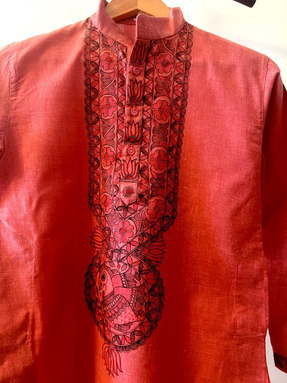 Light Red Hand-Painted Madhubani Khadi Kurta 3