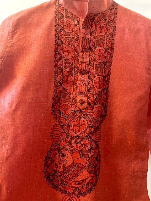 Light Red Hand-Painted Madhubani Khadi Kurta 5