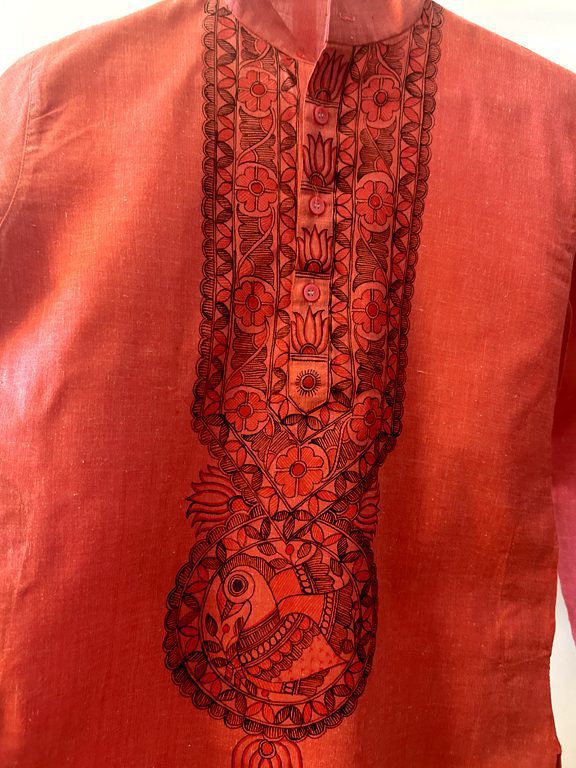 Light Red Hand-Painted Madhubani Khadi Kurta 6