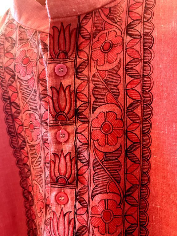Light Red Hand-Painted Madhubani Khadi Kurta 7