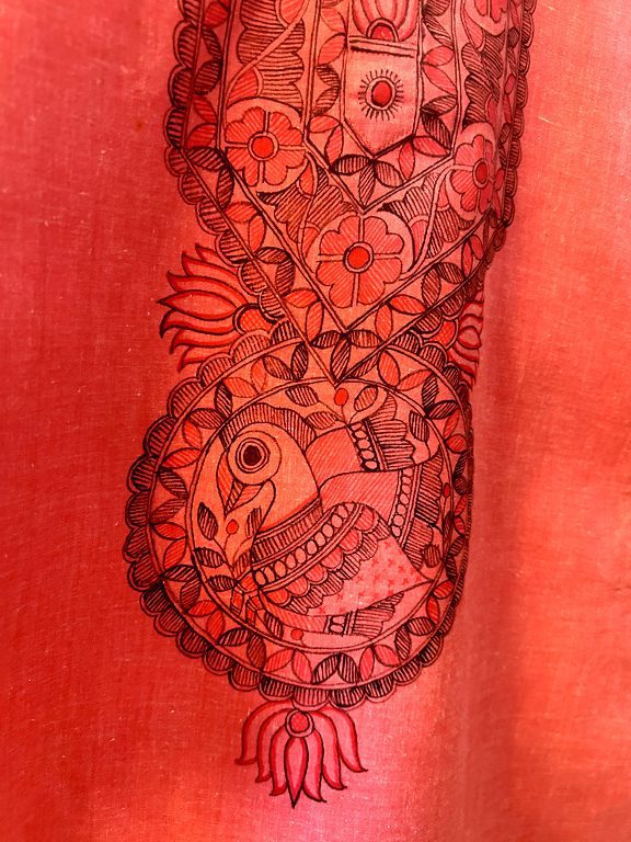 Light Red Hand-Painted Madhubani Khadi Kurta 8