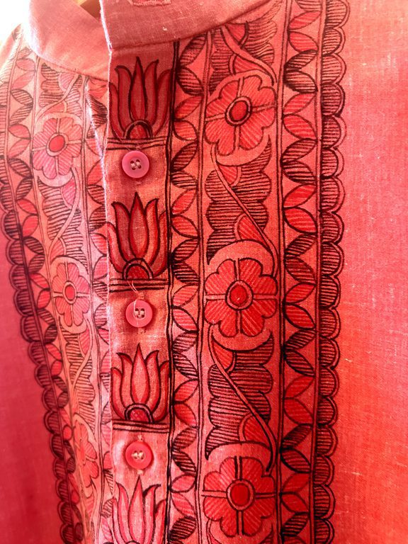 Light Red Hand-Painted Madhubani Khadi Kurta 9