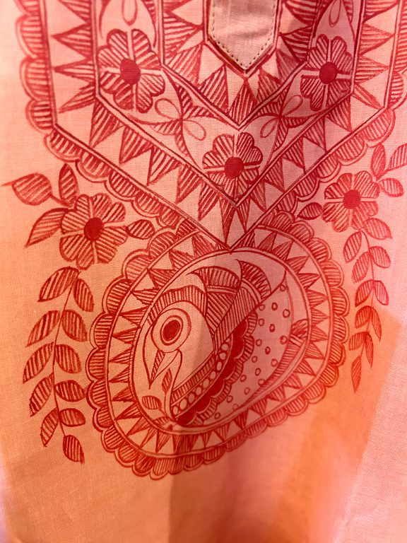 Hand-Painted Madhubani Khadi Cotton Kurta Light red with bird motif 4