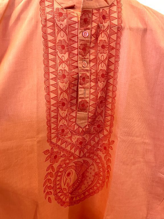 Hand-Painted Madhubani Khadi Cotton Kurta Light red with bird motif 5