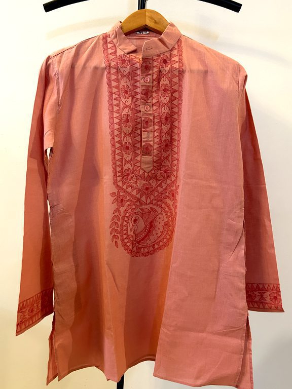 Hand-Painted Madhubani Khadi Cotton Kurta Light red with bird motif 6
