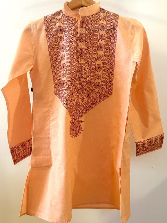 Peach Khadi Kurta with Hand-Painted Madhubani Art 2