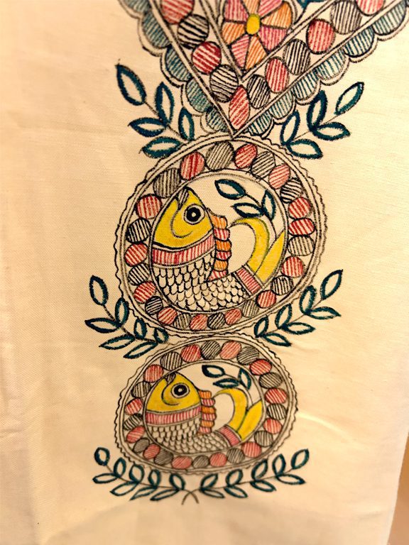 Hand-Painted Madhubani Khadi Cotton Kurta Peach with multicolor fish motif 2