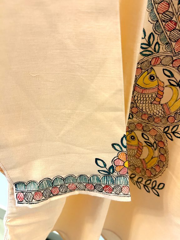 Hand-Painted Madhubani Khadi Cotton Kurta Peach with multicolor fish motif 3