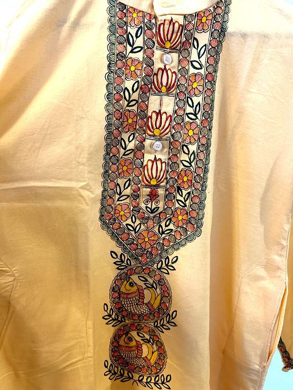 Hand-Painted Madhubani Khadi Cotton Kurta Peach with multicolor fish motif 4