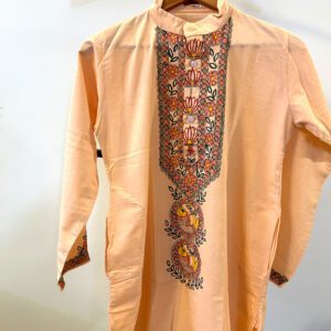 Hand-Painted Madhubani Khadi Cotton Kurta Peach with multicolor fish motif 6
