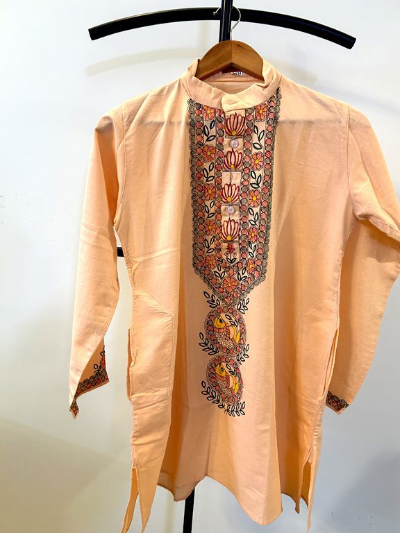 Hand-Painted Madhubani Khadi Cotton Kurta Peach with multicolor fish motif 6