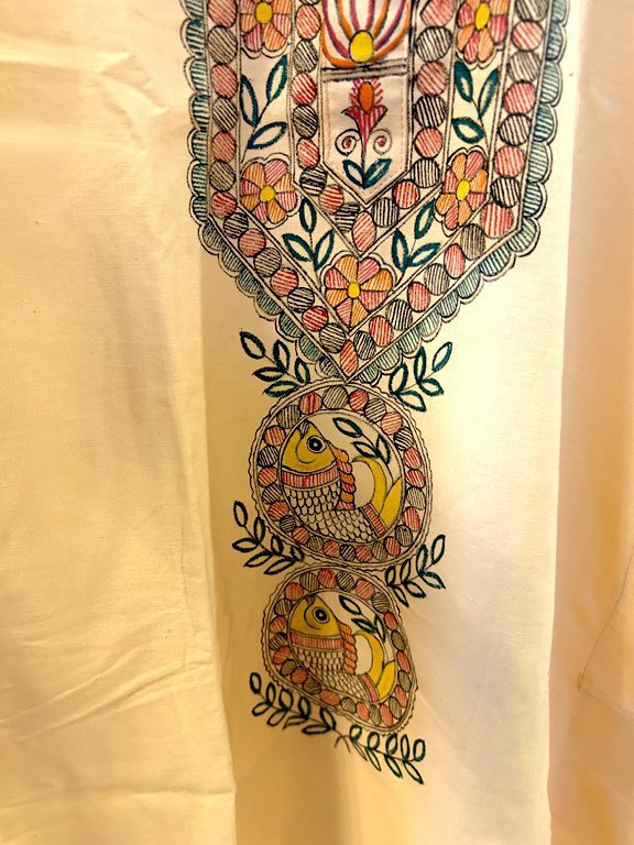 Hand-Painted Madhubani Khadi Cotton Kurta Peach with multicolor fish motif 7