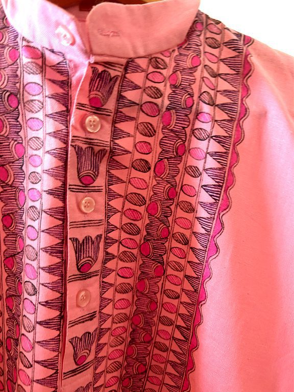 Pink Kurta with Bold Madhubani Florals and Geometric Detailing 3