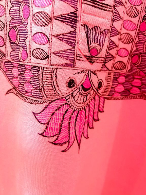 Pink Kurta with Bold Madhubani Florals and Geometric Detailing 4