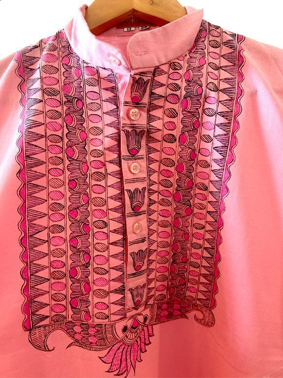 Pink Kurta with Bold Madhubani Florals and Geometric Detailing 5