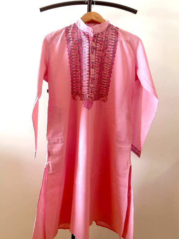Pink Kurta with Bold Madhubani Florals and Geometric Detailing 6