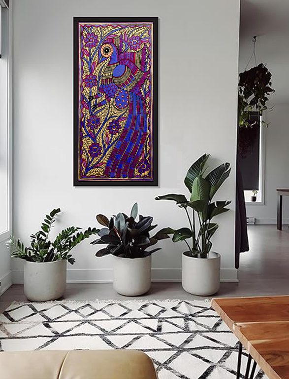 Royal Blue Peacock Madhubani on Wall