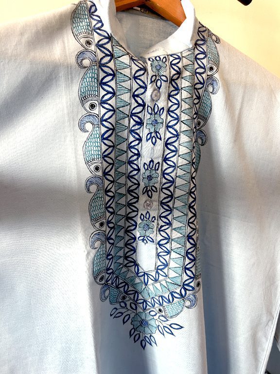 Sky Blue Cotton Kurta with Geometric Madhubani Detailing 2
