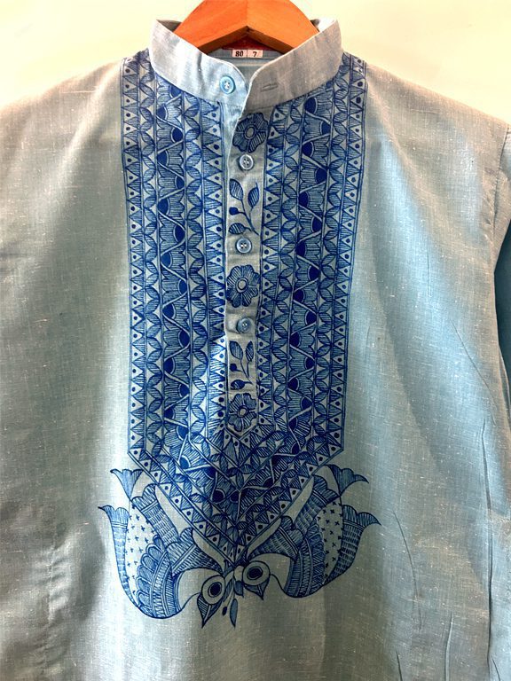 Sky Blue Khadi Kurta with Hand-Painted Madhubani Birds 2