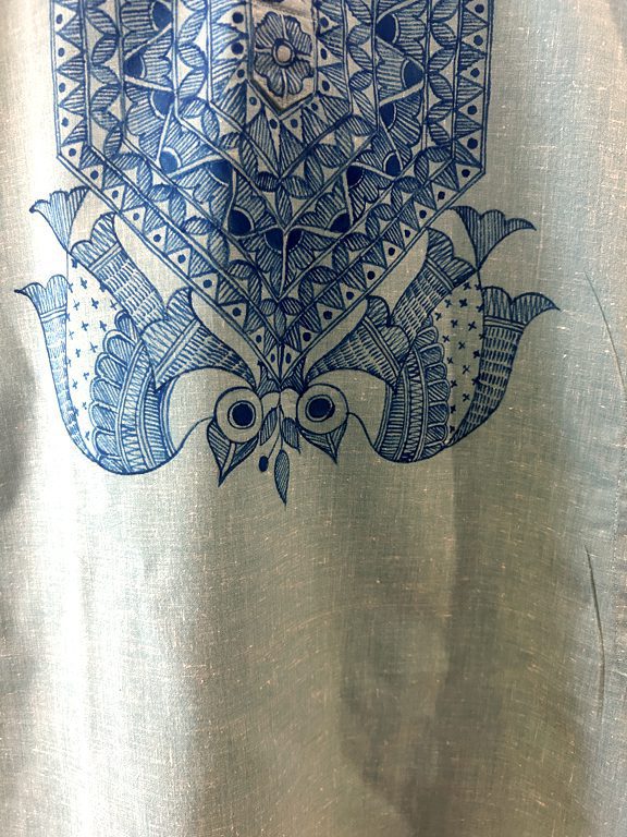 Sky Blue Khadi Kurta with Hand-Painted Madhubani Birds 5