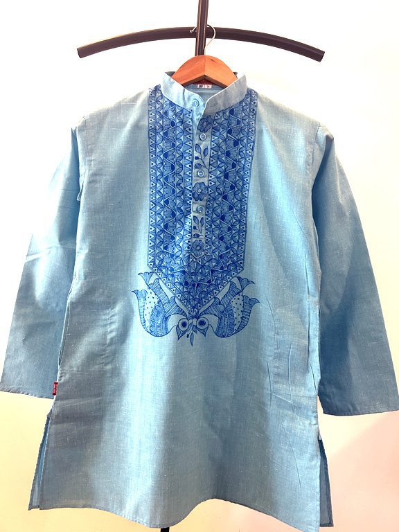 Sky Blue Khadi Kurta with Hand-Painted Madhubani Birds 6