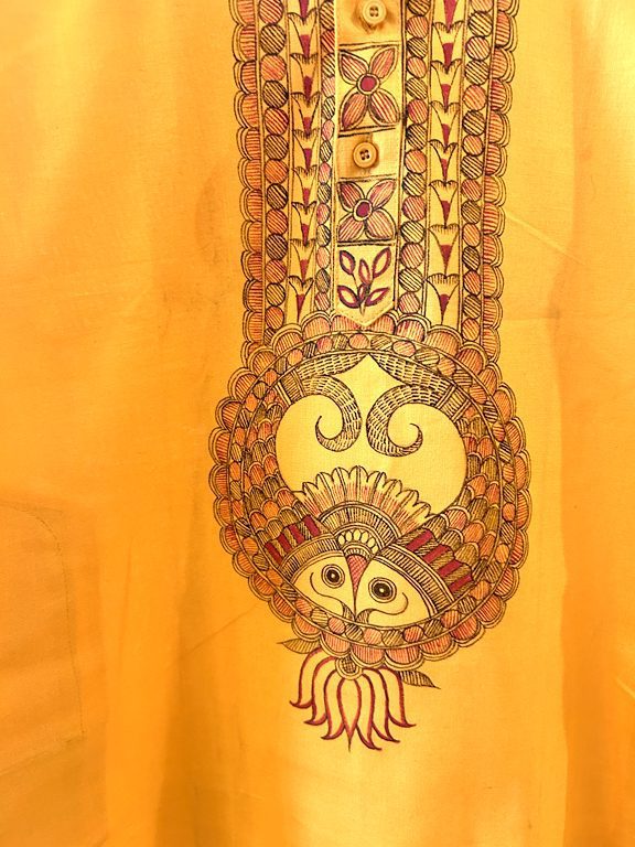 Sunshine Yellow Khadi Kurta with Hand-Painted Madhubani fish Motif 3