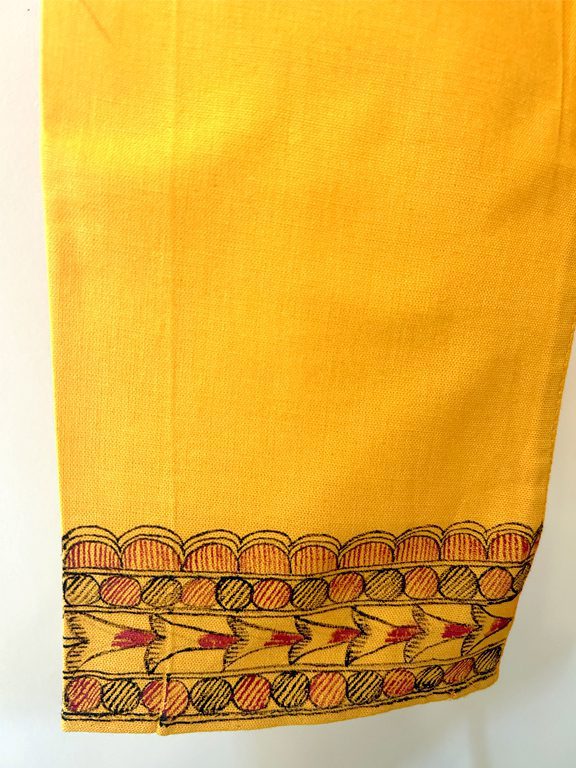 Sunshine Yellow Khadi Kurta with Hand-Painted Madhubani fish Motif 4