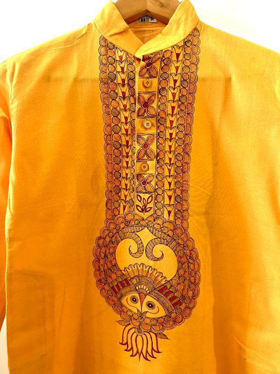 Sunshine Yellow Khadi Kurta with Hand-Painted Madhubani fish Motif 6