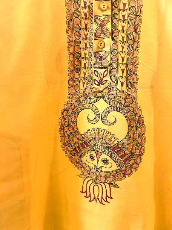 Sunshine Yellow Khadi Kurta with Hand-Painted Madhubani fish Motif 7