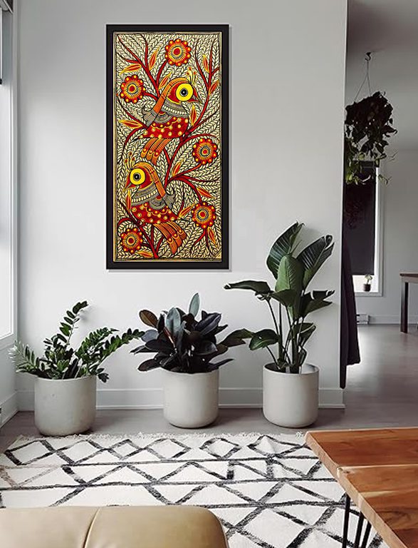 Twin Birds Madhubani Painting on Wall