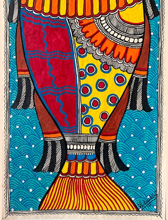Celestial Sacred Fish In Teal, Madhubani fish painting by Vidushini Prasad 3