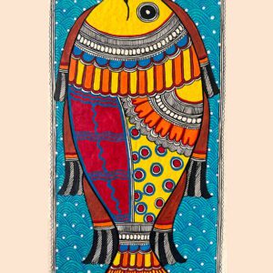 Celestial Sacred Fish In Teal, Madhubani fish painting by Vidushini Prasad