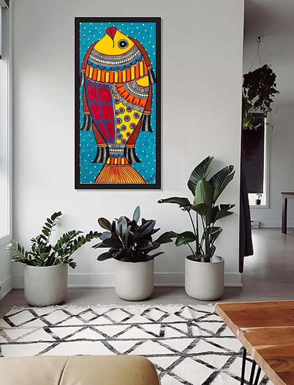 Celestial Sacred Fish In Teal, Madhubani fish painting by Vidushini Prasad on Wall