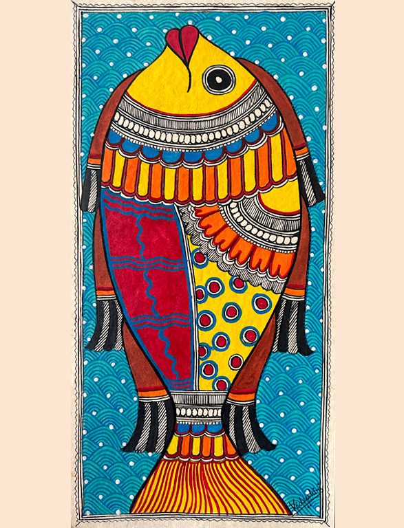 Celestial Sacred Fish In Teal, Madhubani fish painting by Vidushini Prasad