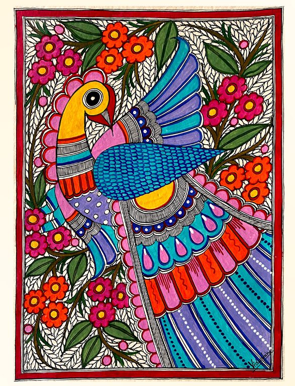 Dancing Peacock in Blue Madhubani peacock painting by Vidushini Prasad