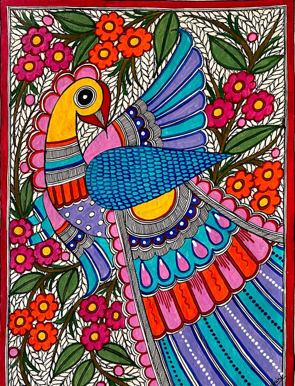 Dancing Peacock in Blue Madhubani peacock painting by Vidushini Prasad 2